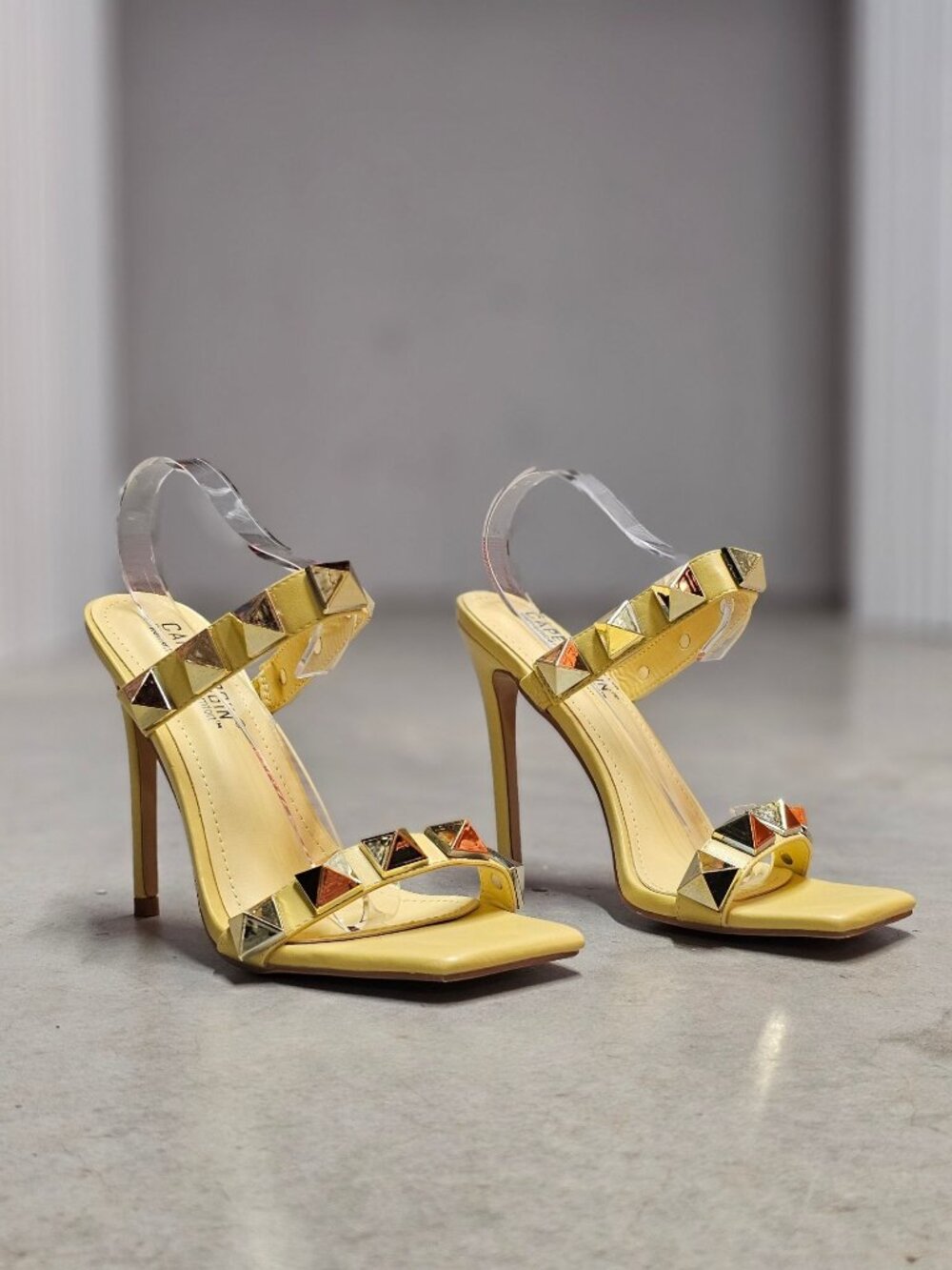Yellow Studded High Heel Sandals With Straps & Square Toe Design For Women